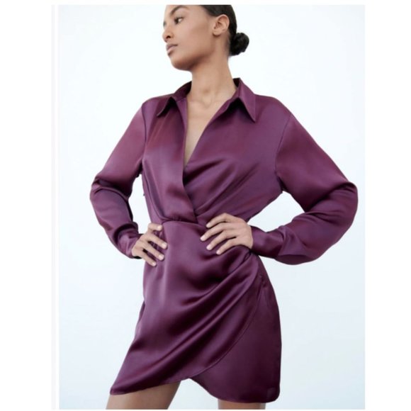 Zara Dresses & Skirts - NEW Zara Satin Burgundy Eggplant Long Sleeve Draped Dress Size XL